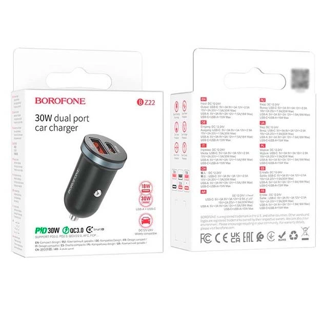 Зарядне автомобільне BOROFONE BZ22 Scenery 1хUSB/1хType-C PD30W+QC3.0/3A Чорний - изображение 2