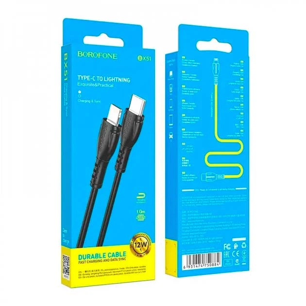 Кабель зарядки BOROFONE BX51 (12W) (1M) для пристроїв Apple iPhone, iPad/iPod Type-C (USB-C) to Lightning Чорний - Фото 2 Кабель зарядки BOROFONE BX51 (12W) (1M) для пристроїв Apple iPhone, iPad/iPod Type-C (USB-C) to Lightning Чорний - изображение 2