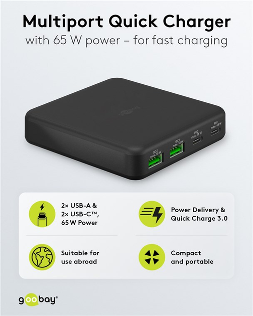 Wieloportowa 4-krotna ładowarka stacjonarna Goobay Wentronic USB 3.0 sw 65 W 2x USB-C 2x USB-A (4040849617720) - obraz 5