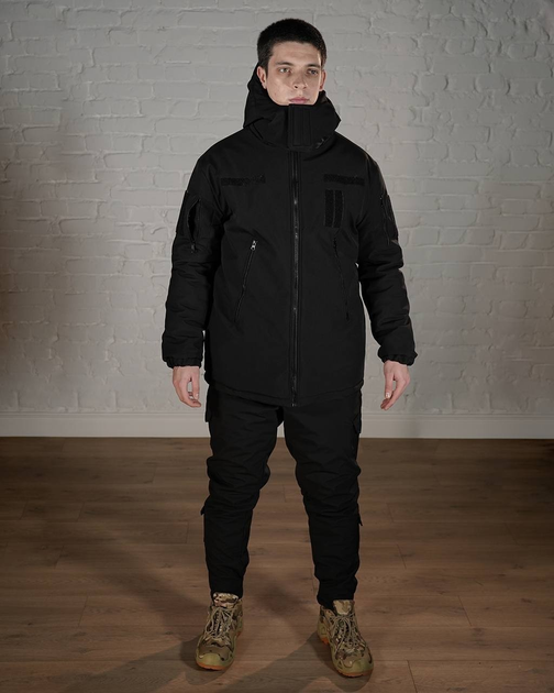 Зимняя военная форма SoftShell с утеплителем ХОЛОСОФТ черный костюм водонепроницаемый бушлат с капюшоном и брюки XXL - (54) - изображение 1