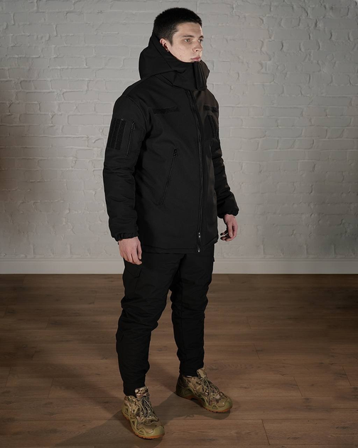 Зимняя военная форма SoftShell с утеплителем ХОЛОСОФТ черный костюм водонепроницаемый бушлат с капюшоном и брюки XL - (52) - изображение 2