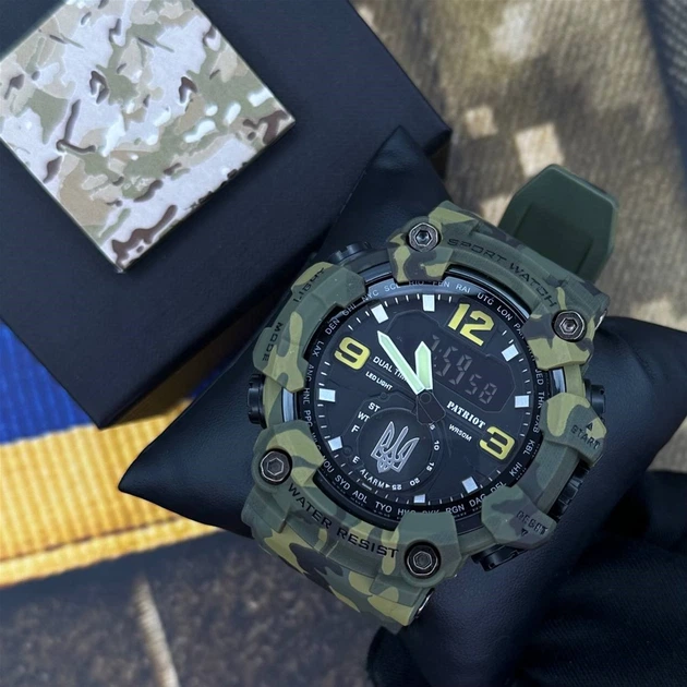 Мужские часы Patriot 004CMGRUASI Тризуб серебро Зеленый камуфляж + Коробка - изображение 4