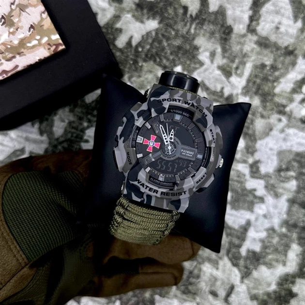 Мужские часы Patriot 005CMGYSU ЗСУ Серый камуфляж Паракордовый ремешок Army Green + Коробка - изображение 2
