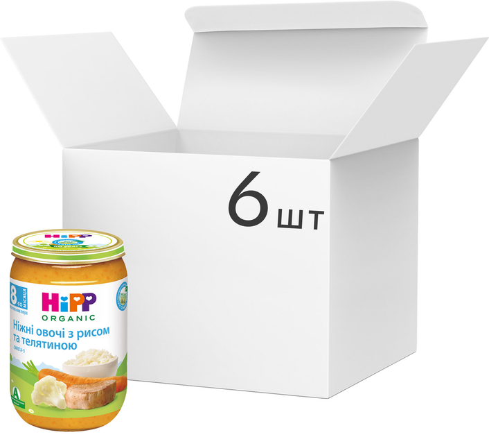 Упаковка м'ясо-овочевого пюре HiPP Ніжні овочі з рисом і телятиною 220 г x 6 шт. (9062300406358) - зображення 1