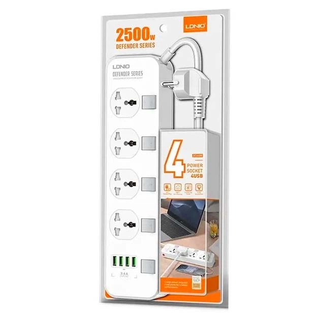 Мережевий фільтр LDNIO SC4408EU 4 розетки 4 USB 3.4A 2М електричний подовжувач швидка зарядка для пристроїв Auto ID Незалежні вимикачі Білий - Фото 2 Мережевий фільтр LDNIO SC4408EU 4 розетки 4 USB 3.4A 2М електричний подовжувач швидка зарядка для пристроїв Auto ID Незалежні вимикачі Білий - изображение 2
