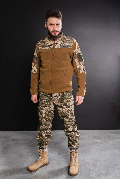 Кофта флисовая мужская военная тактическая с липучками под шевроны ВСУ (ЗСУ) Пиксель 8153 46 размер койот - изображение 2