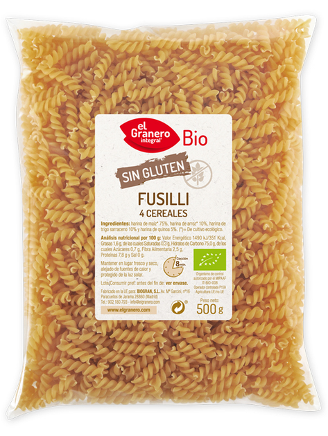 Makarony El Granero Fusilli Pasta 4 Cereals Gluten Free Bio 500 g (8422584088267) - obraz 1