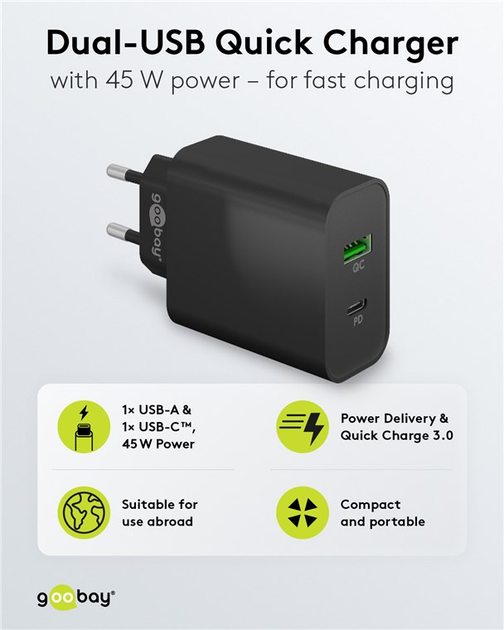 Зарядний пристрій Goobay Wentronic Dual-USB-Quick Charger 3.0 PD/QC 45 W 1x USB-C 1x USB-A Чорний (4040849617553) - зображення 4
