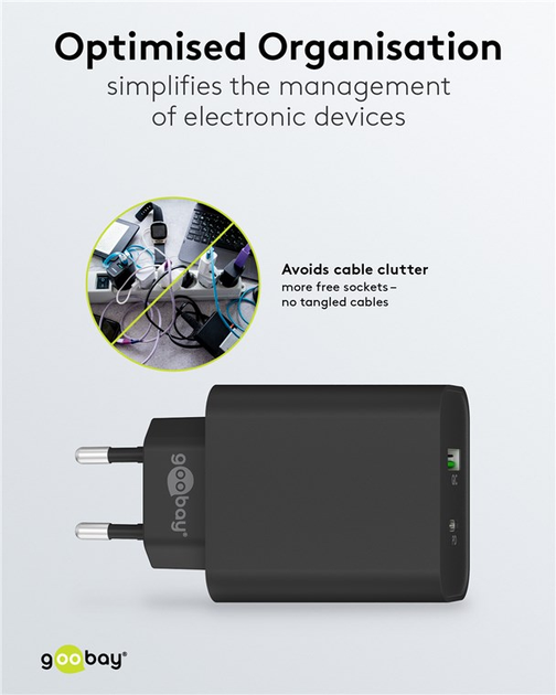 Зарядний пристрій Goobay Wentronic Dual-USB-Quick Charger 3.0 PD/QC 45 W 1x USB-C 1x USB-A Чорний (4040849617553) - зображення 7