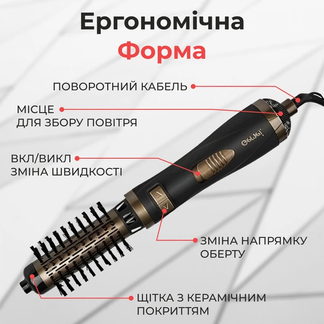 Фен-щетка для волос Gemei GM-4825 черный с керамическим покрытием 2 в 1 с поворотной насадкой щетка фен для волос 1000 Вт (GM4825GL) - изображение 6