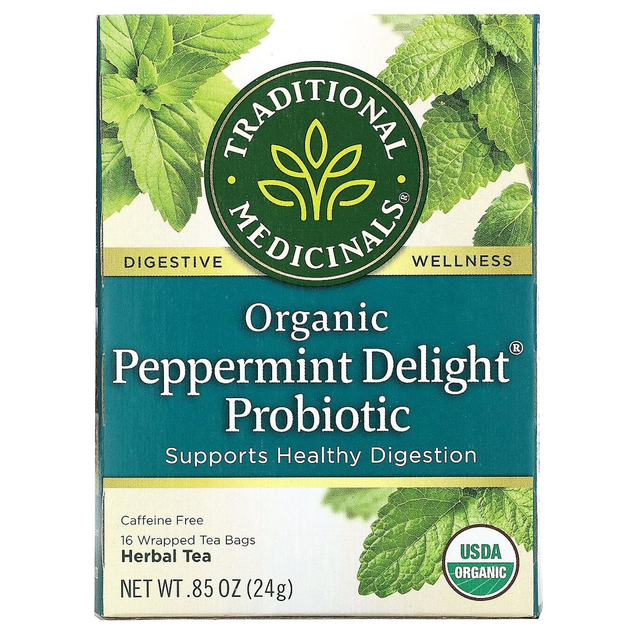Пробіотик та органічна перцева м'ята Traditional Medicinals "Organic Peppermint Delight Probiotic" чай без кофеїну (16 пакетиків / 24 г) - зображення 1