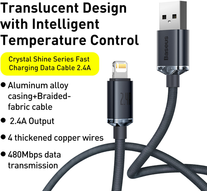 Kabel Baseus Crystal Shine Series Fast Charging Data Cable USB to IP 2.4 A 1.2 m Czarny (CAJY000001) - obraz 2