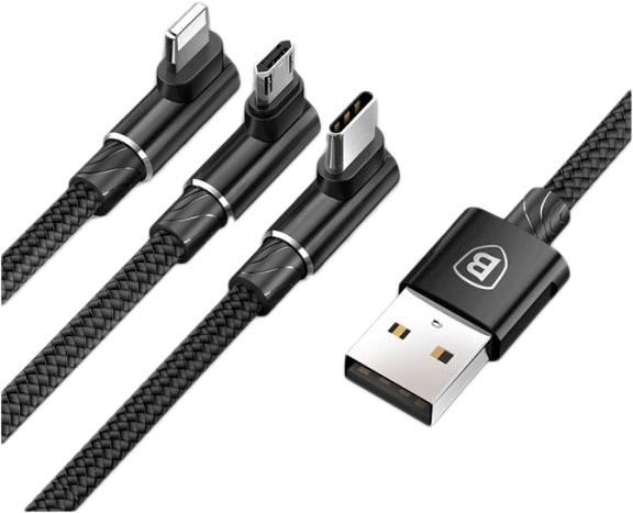 Кабель Baseus MVP 3 in 1 Mobile Game Cable USB for M + L + T 3.5A 1.2 м Black (CAMLT-WZ01) - зображення 1