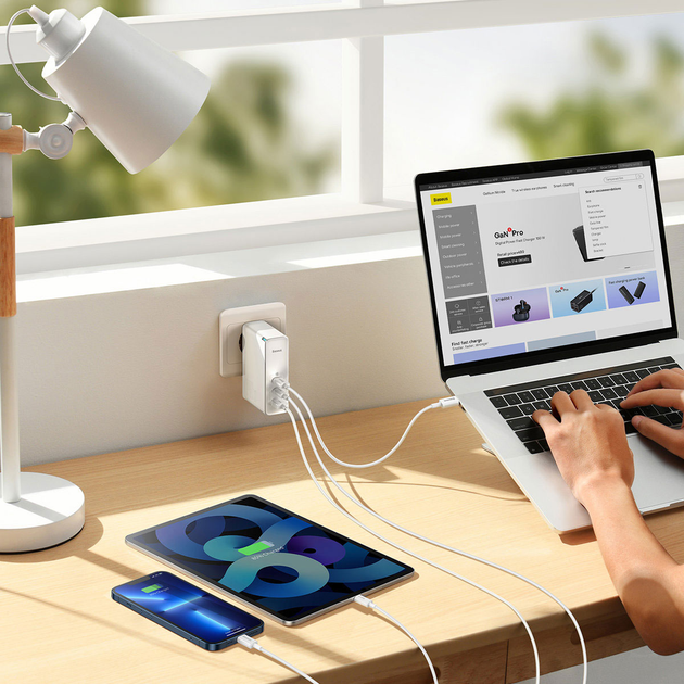 Мережевий зарядний пристрій Baseus GaN5 Pro 140W (2 x Type-C + USB) + Кабель Type-C + Type-C) White (CCGP100202) - зображення 10