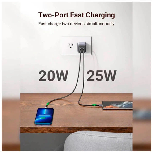 Зарядное устройство UGREEN 2xUSB 40W GAN (Type-C 25W+20W) PD CD294 (90573) - изображение 2