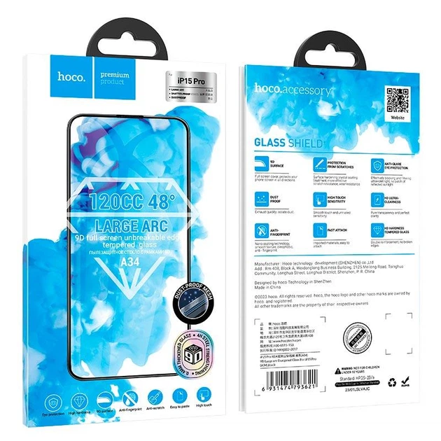 Защитное стекло для iPhone&nbsp;15 Pro 6.1" с бортикам HOCO 9D large arc dustproof glass - изображение 9