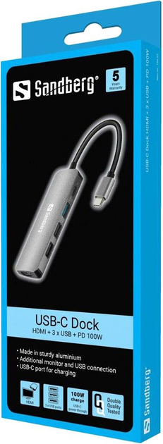 Stacja dokująca Sandberg USB-C 3xUSB3.0 1xUSB-C 1xHDMI Grey (5705730136320) - obraz 2