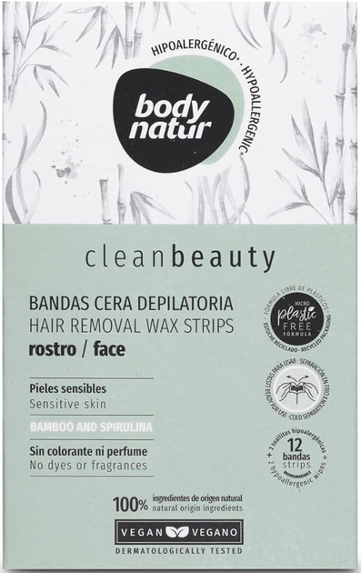 Воскові смужки Body Natur Clean Beauty Facial Depilatory Wax Bands Sensitive Skins 12 шт (8414719407395) - зображення 1