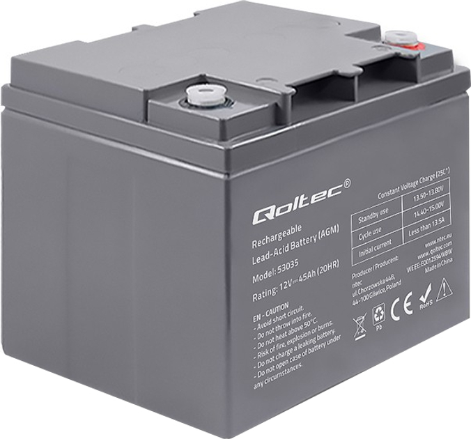 Akumulator Qoltec AGM 12V 45Ah max 540A 53035 (5901878530352) - obraz 1