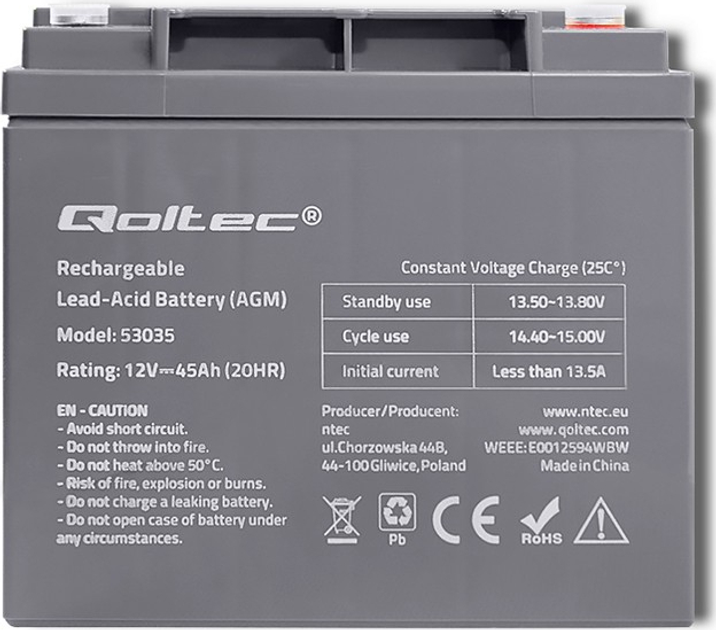 Akumulator Qoltec AGM 12V 45Ah max 540A 53035 (5901878530352) - obraz 2