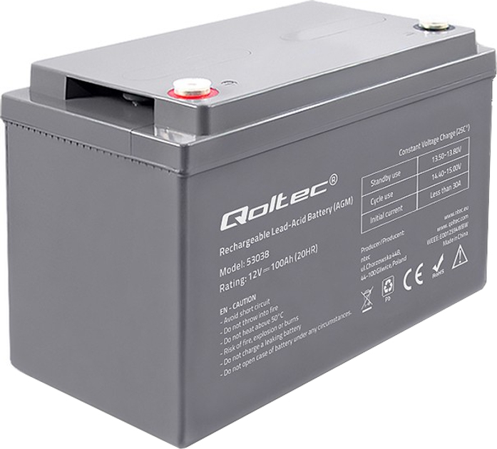 Akumulator Qoltec AGM 12V 100Ah max 1200A 53038 (5901878530383) - obraz 1