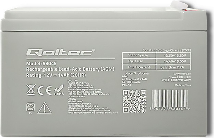 Akumulator Qoltec AGM 12V 14Ah max. 210A 53045 (5901878530451) - obraz 2