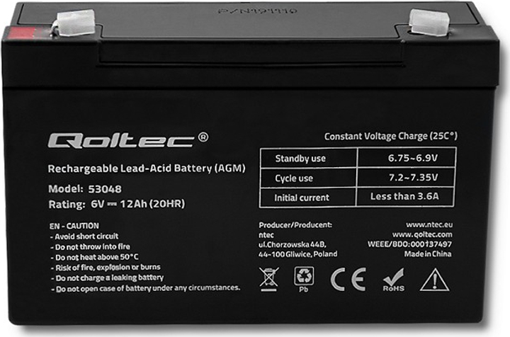 Akumulator Qoltec AGM 6V 12Ah max. 108A 53048 (5901878530482) - obraz 2