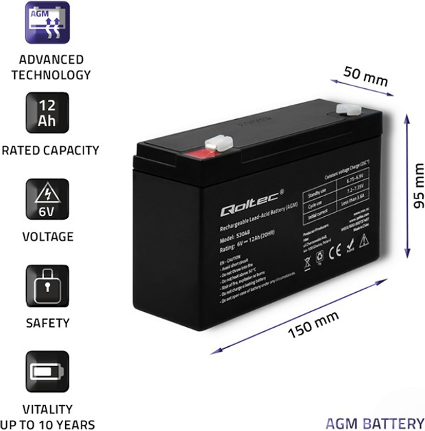 Акумуляторна батарея Qoltec AGM 6V 12Ah max. 108A 53048 (5901878530482) - зображення 4