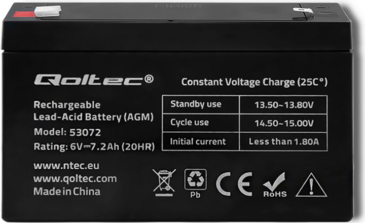 Акумуляторна батарея Qoltec AGM 6V 7.2Ah max. 64.8A 53072 (5901878530727) - зображення 2