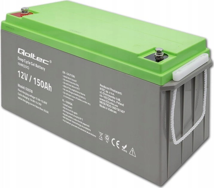 Акумуляторна батарея Qoltec żelowy Deep Cycle 12V 150Ah 44.5kg 53078 (5901878530789) - зображення 3