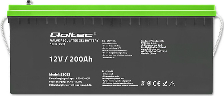 Акумуляторна батарея Qoltec żelowy 12V 200Ah GEL 59.5kg 53083 (5901878530833) - зображення 5