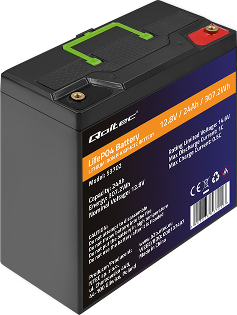 Akumulator Qoltec LiFePO4 Litowo-Żelazowo-Fosforanowy 12.8V 24Ah 307.2Wh BMS 53702 (5901878537023) - obraz 1