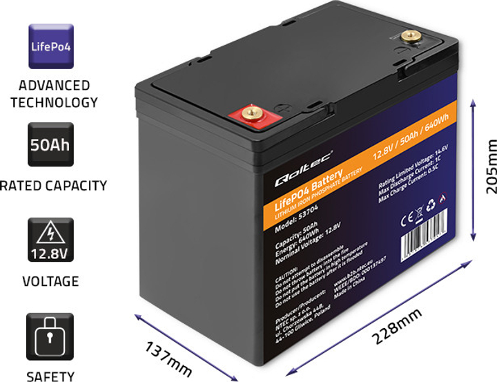 Акумуляторна батарея Qoltec LiFePO4 Літій-залізо-фосфатний 12.8V 50Ah 640Wh BMS 53704 (5901878537047) - зображення 6