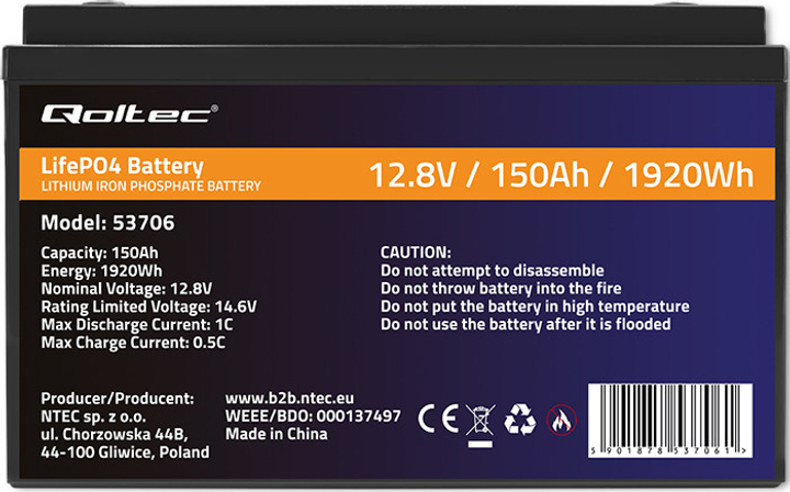 Акумуляторна батарея Qoltec LiFePO4 Litowo-Żelazowo-Fosforanowy 12.8V 150Ah 1920Wh BMS 53706 (5901878537061) - зображення 4
