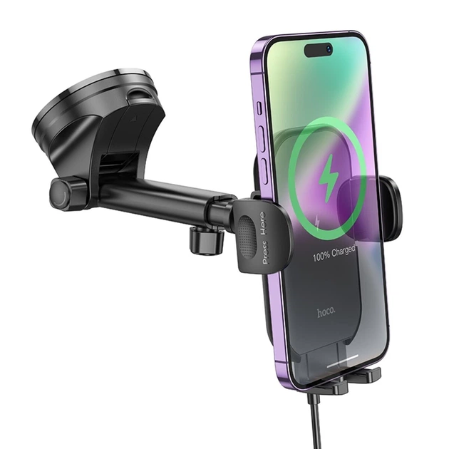 Тримач для мобільного з БЗП HOCO HW5 Journey wireless fast charging car holder(center console) Black - изображение 3