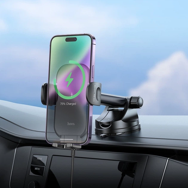 Тримач для мобільного з БЗП HOCO HW5 Journey wireless fast charging car holder(center console) Black - изображение 5