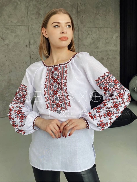 Украинская женская вышиванка белая "Маринея" вышитая блуза с красно-черным геометрическим орнаментом 12530-44 (M) - изображение 5