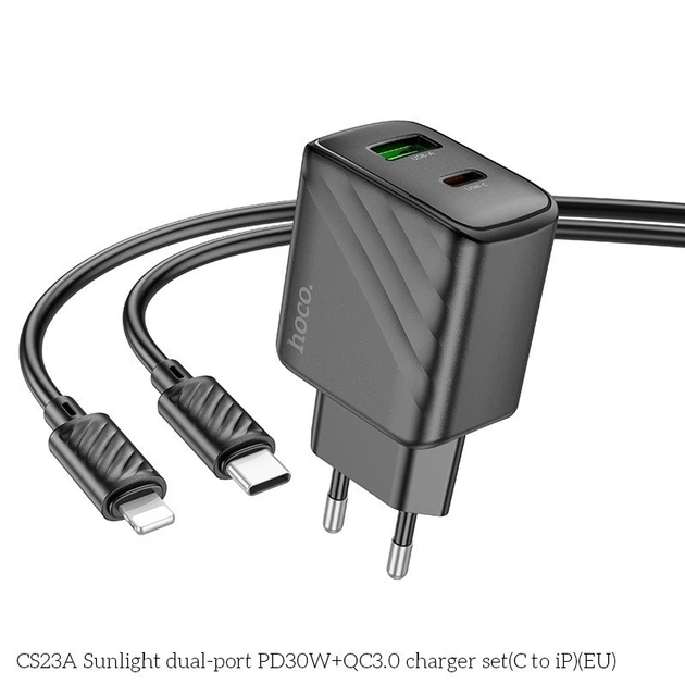Мережевий зарядний пристрій Hoco CS23A PD30W з кабелем Type-C to Lightning - Фото 2 Мережевий зарядний пристрій Hoco CS23A PD30W з кабелем Type-C to Lightning - изображение 2