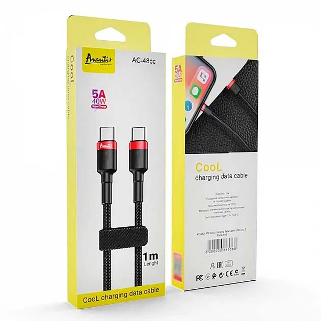 Кабель зарядки Avantis AC-48сс Cool Type-C to Type-C (PD40W) (5А) (1M) для швидкого заряджання та синхронізації для смартфонів, планшетів, плеєрів, фотоапаратів Чорний-Червоний - изображение 2