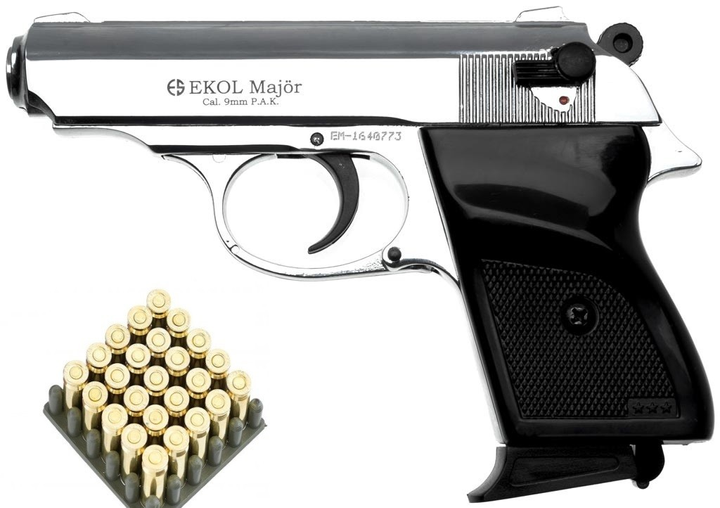 Стартовый шумовой пистолет Ekol Major Chrome + 20 холостых патронов (9 mm) - изображение 1