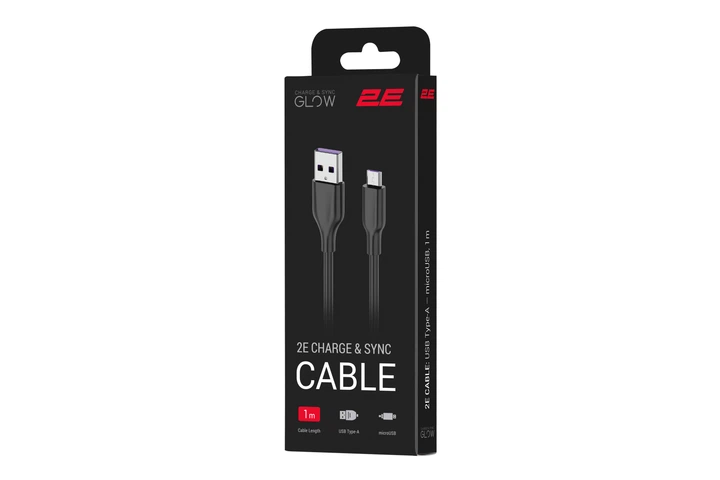 Кабель USB-A > microUSB заряджання/синхронізації 2E 1м, Glow, чорний - зображення 2