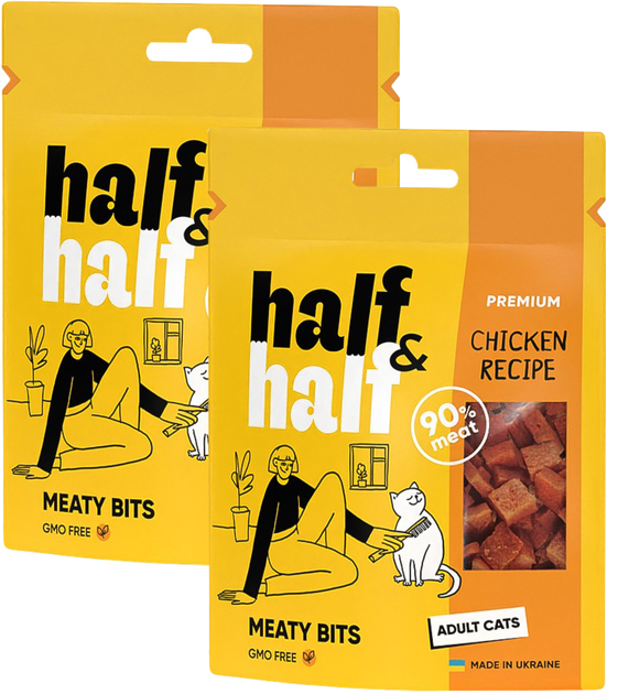 Упаковка лакомств для кошек Half&Half в форме мясных кусочков с курицей 2 шт x 50 г (2700000037225) - изображение 1