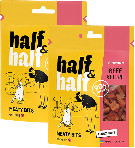 Упаковка лакомств для кошек Half&Half в форме мясных кусочков с говядиной 2 шт x 50 г (2700000037218) - изображение 1