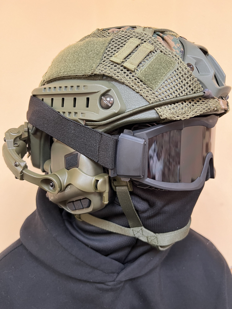 Шлем FAST USA NIJ IIIA М-L Олива, тактические очки, EARMOR M31 Активные шумоподавляющие стрелковые наушники, крепления, кавер - изображение 1