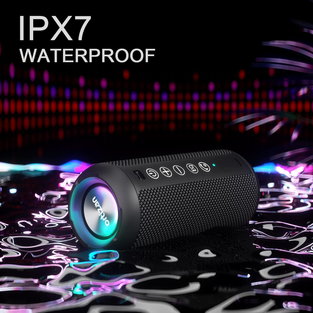 Bluetooth колонка Ortizan з кольоровим світлодіодним підсвічуванням, захистом від води IPX7 та об'ємним звуком на 360° - изображение 6