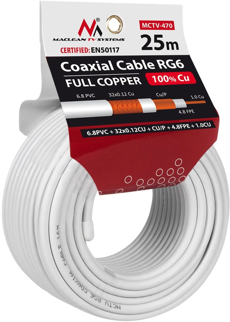 Kabel koncentryczny Maclean RG6 25 m White (5902211107118) - obraz 1