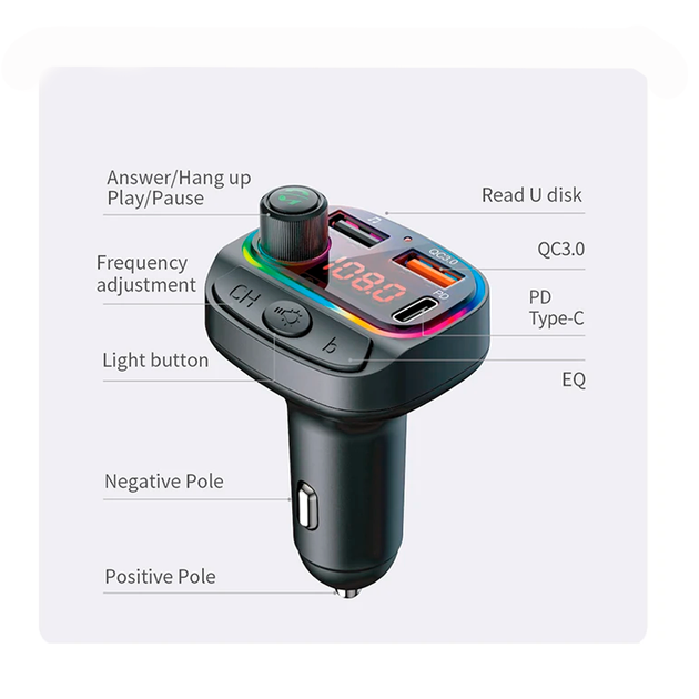 Автомобильный FM ФМ модулятор Terra С14, Bluetooth 5.0, трансмиттер, быстрая зарядка QC 3.0 - изображение 4