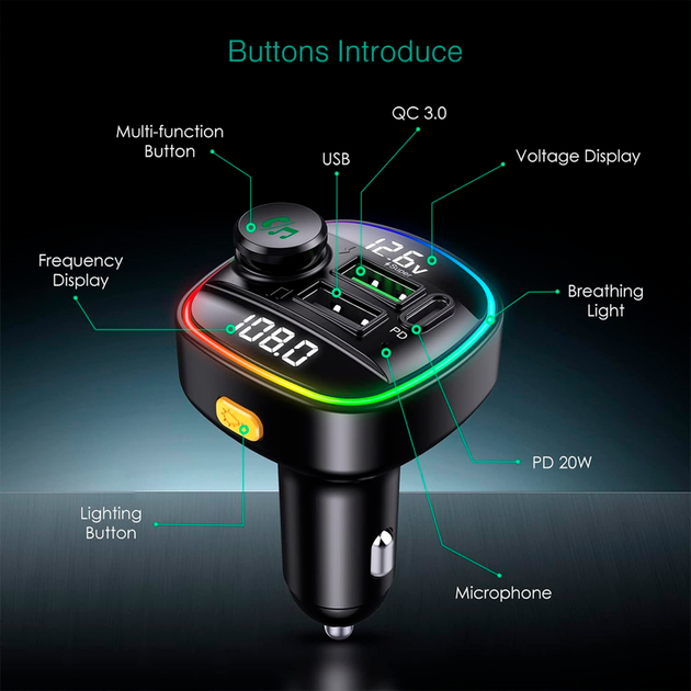 Автомобильный FM ФМ модулятор Terra С22, Bluetooth 5.0, трансмиттер, вольтметр, быстрая зарядка QC3.0 - изображение 7