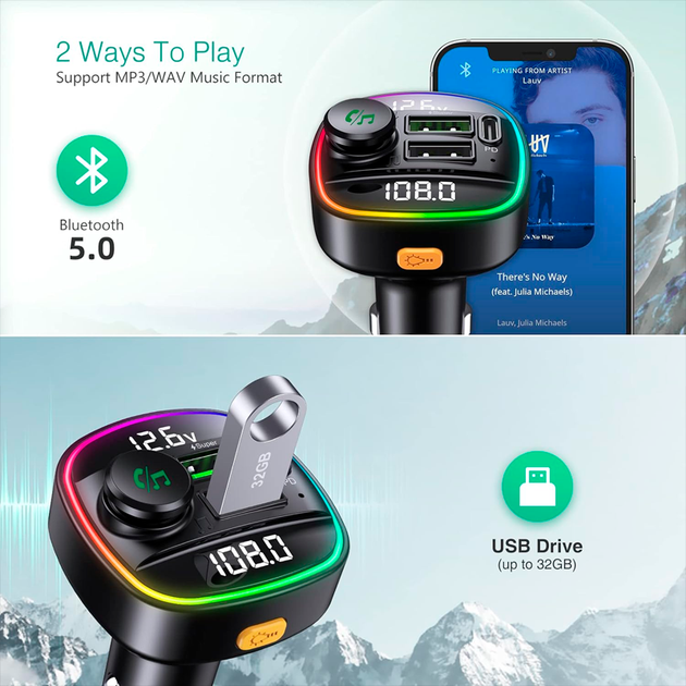 Автомобильный FM ФМ модулятор Terra С22, Bluetooth 5.0, трансмиттер, вольтметр, быстрая зарядка QC3.0 - изображение 8