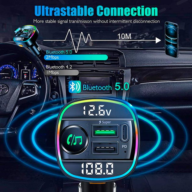 Автомобильный FM ФМ модулятор Terra С22, Bluetooth 5.0, трансмиттер, вольтметр, быстрая зарядка QC3.0 - изображение 10